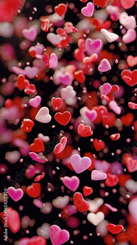 Colorful Heart-Shaped Confetti Falling Against a Dark Background Creating a F...