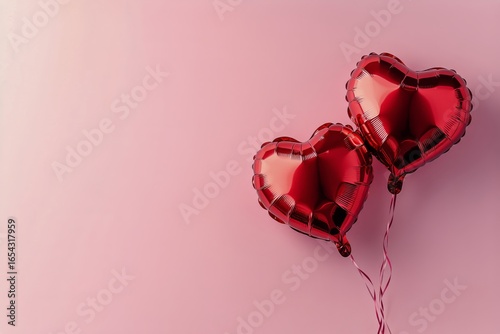 Heart-shaped Balloons in Vibrant Red Against a Soft Pink Background for Celeb...