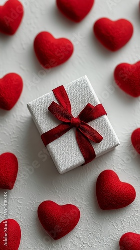 Gift Box Surrounded by Red Heart Decorations for a Celebration of Love