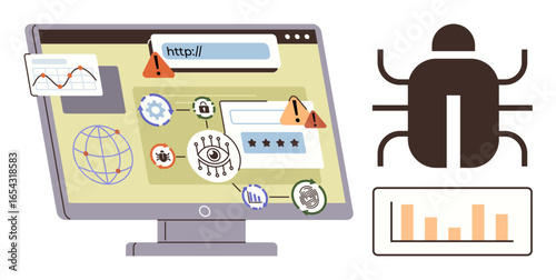 Computer screen displays warning signs, malware indicators, security vulnerabilities, graph analytics, and web activity monitoring. Ideal for cybersecurity, internet risks, data protection, threat