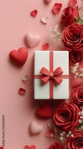 Gift Box Surrounded by Roses and Hearts for a Special Occasion Celebration