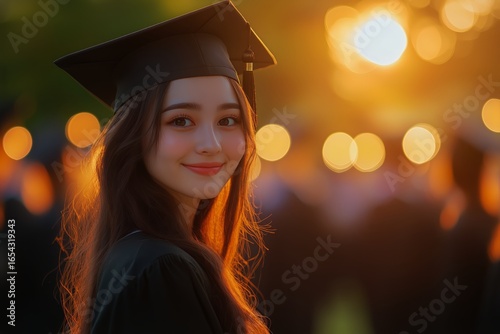 Celebrating Academic Achievement During Sunset at a Graduation Ceremony