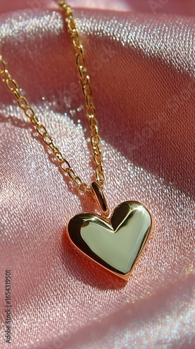 Heart-shaped Gold Pendant Resting on Soft Pink Fabric in Bright Sunlight.