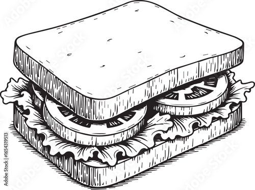 Classic Sandwich Illustration: A simple, yet appetizing sandwich with sliced tomatoes, crisp lettuce, perfectly positioned between two slices of bread. Representing the comfort of a lunchtime staple.