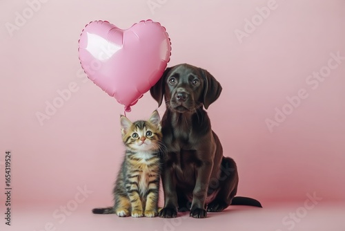 Cute Puppy and Kitten Together With Heart-Shaped Balloon on Pink Background
