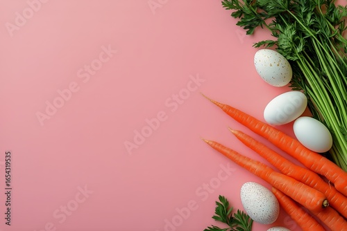 Fresh Carrots and Eggs Arranged on a Pink Surface for Spring-Themed Cooking o...