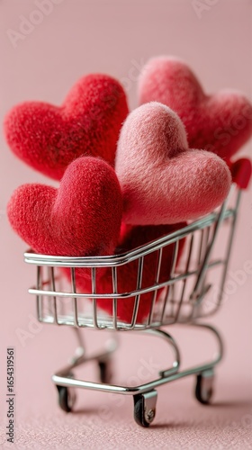 Shopping Cart Filled With Red Hearts on a Pink Background.