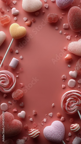 Colorful Candy Arrangement With Hearts and Lollipops on Red Backdrop for Fest...