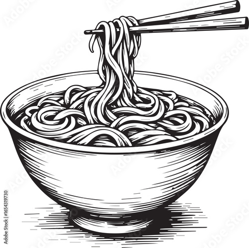Bowl of Noodles Illustration: A detailed illustration depicts a brimming bowl of noodles, artfully captured mid-air, and perfectly showcased with chopsticks poised above, ready to be enjoyed.