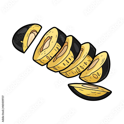 Illustration of sliced black olives, a healthy and flavorful Mediterranean ingredient.