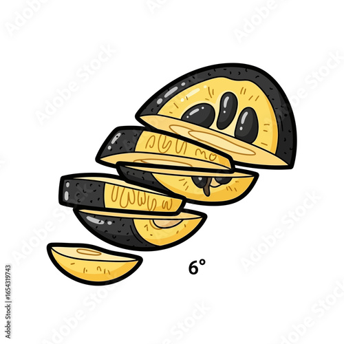 Illustration of sliced fruit with yellow pulp and black skin, showing seeds.