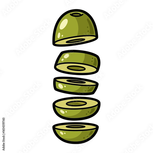 Sliced green olives illustration, detailed cartoon drawing.