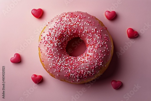 Bright Pink Donut With Sprinkles Surrounded by Hearts on a Pastel Background.