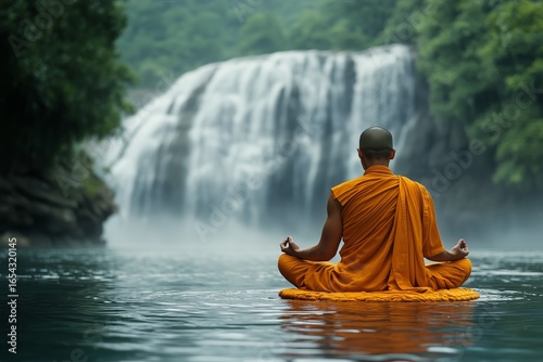 Meditating Monk in Flowing Orange Robe Near Serene Waterfall During Rainfall.
