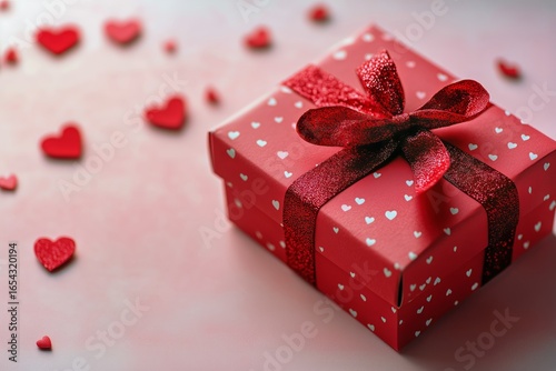 Colorful Gift Box With Red Ribbon on Pink Background Surrounded by Heart Shapes.