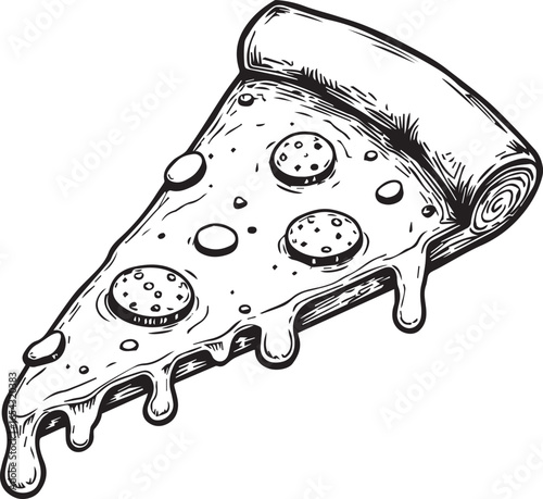 Pizza Slice Illustration: A detailed monochrome illustration of a single, appetizing slice of pizza. showcasing the fresh toppings and gooey cheese, an embodiment of culinary delight.