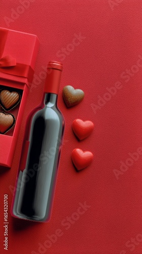 Romantic Gift Arrangement With Wine and Chocolate on a Red Background for Spe...