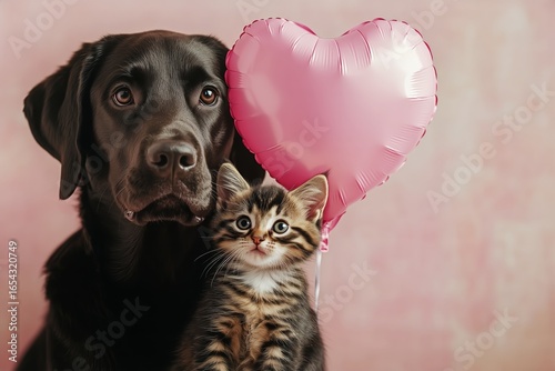 Cute Labrador and Kitten Together With Heart Balloon on Pink Background.