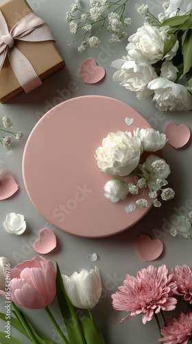 Gift Box Surrounded by Flowers and Hearts on a Gray Surface in a Charming Arr...
