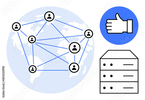 Network of connected people on world map, server symbol, and thumbs up sign. Ideal for communication, collaboration, data sharing, social media, global outreach, IT systems simple landing page