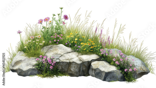 Pink and yellow wildflowers with grass on stones, isolated on transparent background