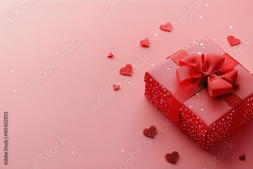 Colorful Gift Box With Red Ribbon on Pink Background Surrounded by Heart Shapes