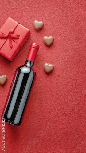 Red Wine Bottle, Chocolate Hearts, and Gift Box on Red Background for Romanti...