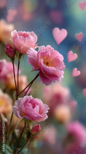 Beautiful Pink Roses Surrounded by Soft Heart Shapes With a Colorful Blurred ...