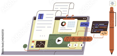 Laptop screen features HTML code, charts, images, text, video playback, and music editing interface. Ideal for technology, coding, multimedia content creation design education simple flat metaphor