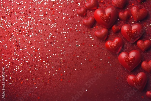 Decorative Red Hearts and Glitter on a Vibrant Red Background for Celebration