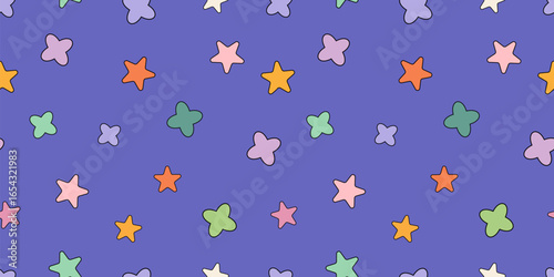 Retro Y2K seamless pattern featuring vibrant stars and bold colors. Ideal for textiles, kids’ rooms, fun party decorations, and cheerful graphic design with a nostalgic pop style.