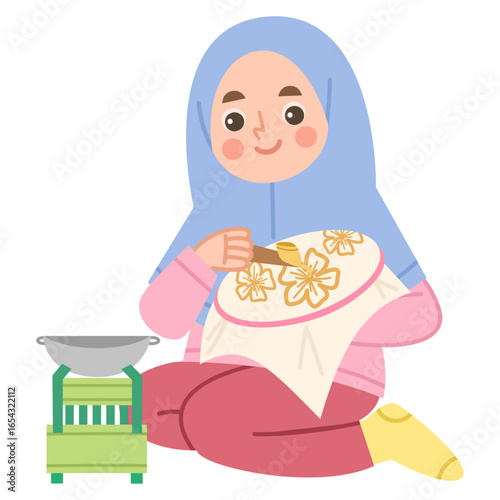 Illustration of Hijab girl Making Batik Art