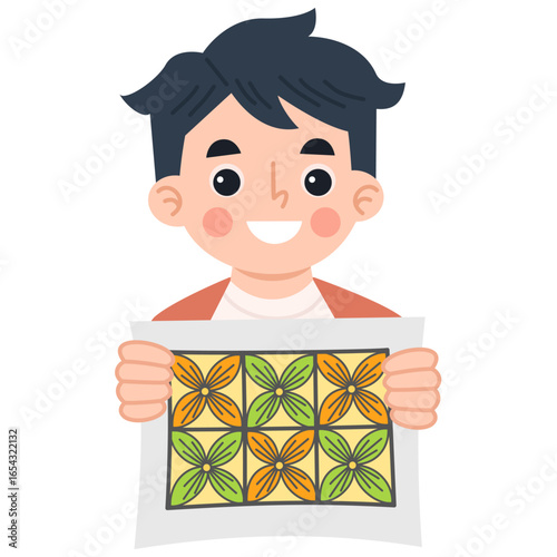 Illustration of Boy Holding Batik Art