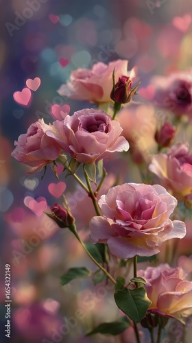 Pink Roses With Heart Shaped Bokeh in a Soft Outdoor Setting During a Sunny A...
