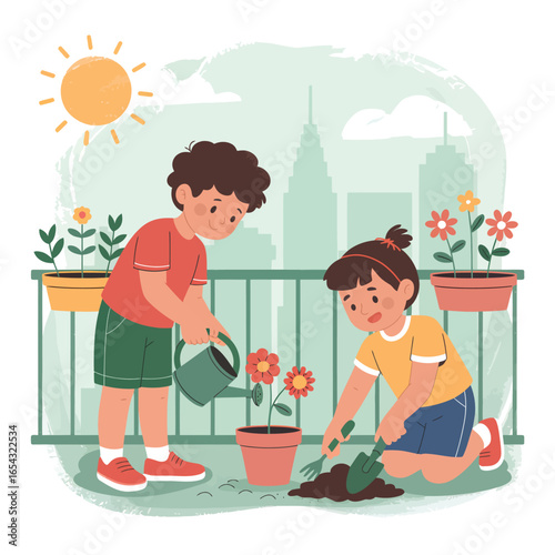Boy and girl planting flowers on a balcony with city view and sun children gardening