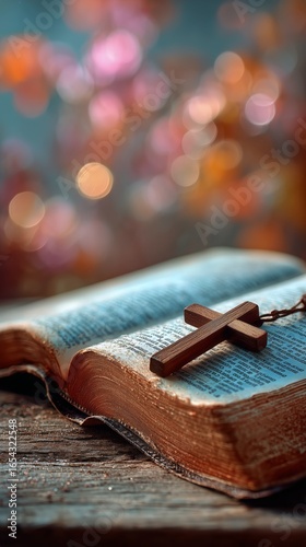 Wooden Cross Hanging Above an Open Book With Warm Lighting in the Background.