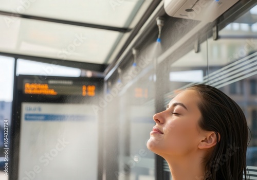Relaxed woman enjoying cooling mist at modern bus stop Free Download Relaxed woman enjoying cooling mist at modern bus stop - GFXLoad