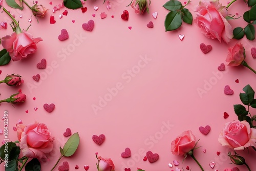 Elegant Arrangement of Pink Roses and Heart Decorations on Soft Pink Background