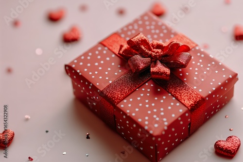 Gift Box With Red Ribbon and Hearts Scattered Around on a Light Surface