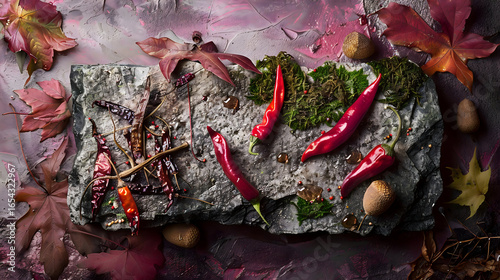 Vibrant red chili peppers arranged artistically with dried pods on stone, showcasing autumn's spicy bounty and natural textures