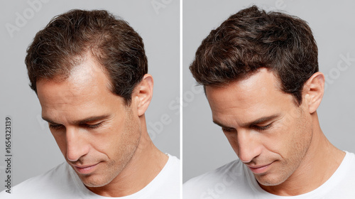 Before and after hair restoration showing improved hair density man with dark brown hair wearing white shirt, demonstrating confidence