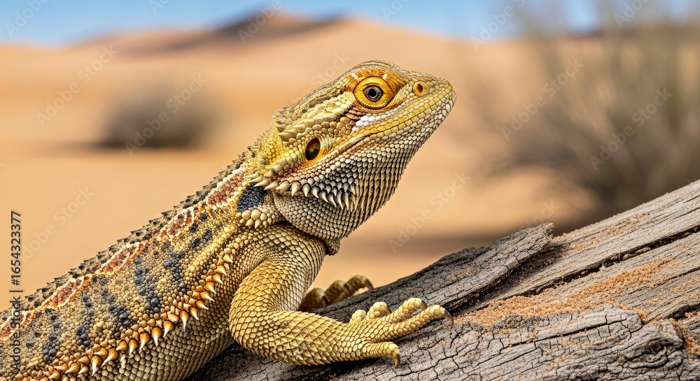 Fototapeta premium Curious Bearded Dragon Portrait on Desert Log with Studio Lighting