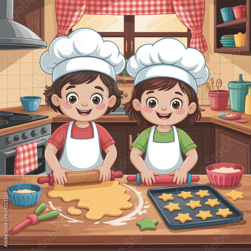 Two smiling children in chef hats baking cookies in a kitchen image photo