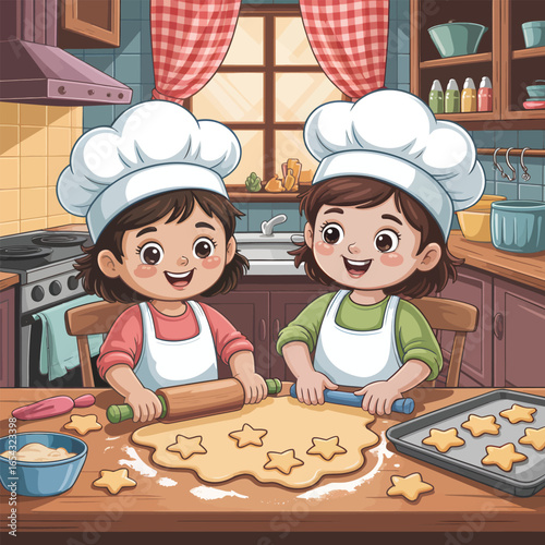 Two happy children in chef hats making cookies in a kitchen image photo