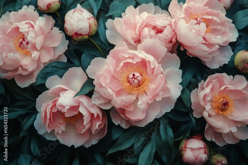 Vibrant Pink Peonies Blooming Amidst Lush Green Leaves in a Serene Setting