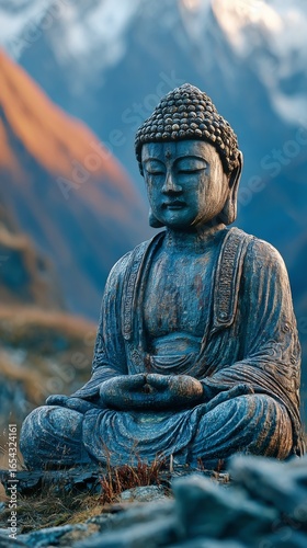 Serene Buddha Statue in Mountain Landscape During Sunset Near a Peaceful Valley