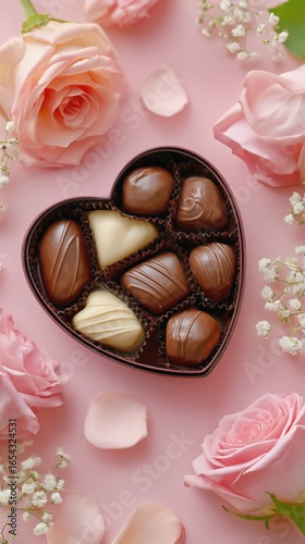 Heart-shaped Box With Chocolates and Pink Roses on a Pink Background for Spec...