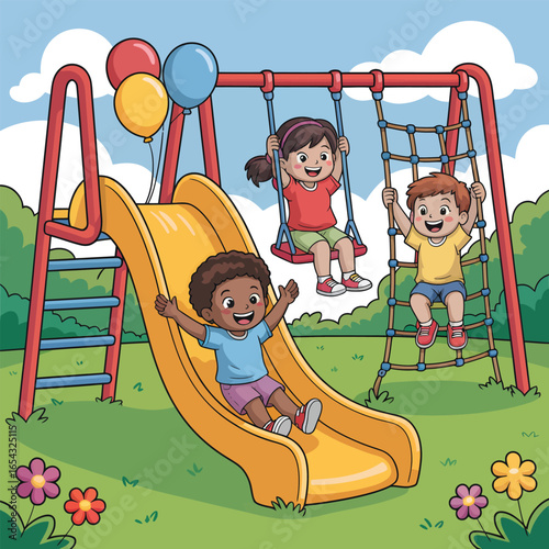 Children of different ethnicities playing on a sunny playground slide swing