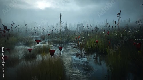 Misty swamp landscape with unique plants
