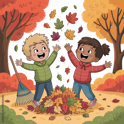 Two happy children playing in a pile of colorful autumn leaves with a rake fall
